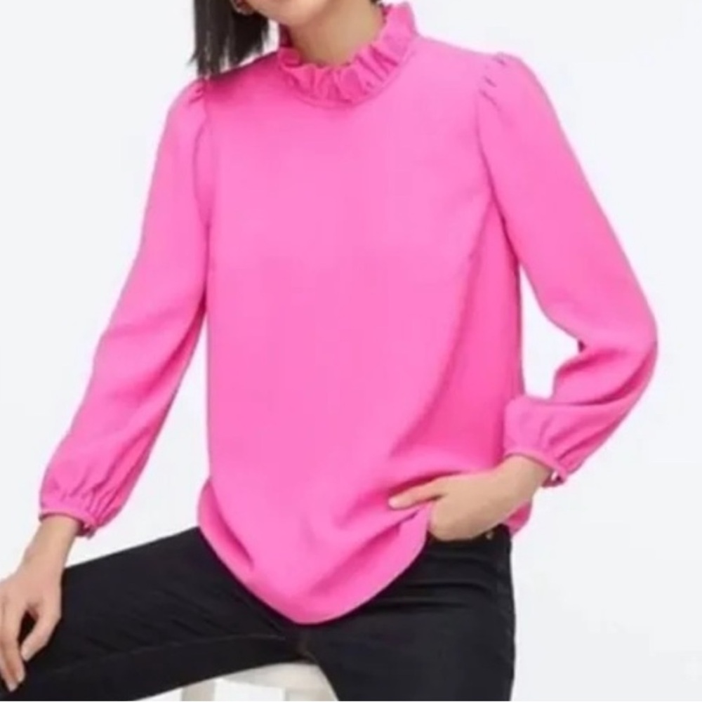 J. Crew Hot Pink Long Sleeve Ruffle-Neck Blouse size L